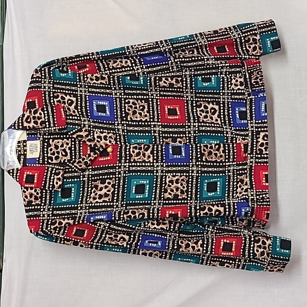 90s Geometric Color Block Leopard Print Blouse Sz… - image 1